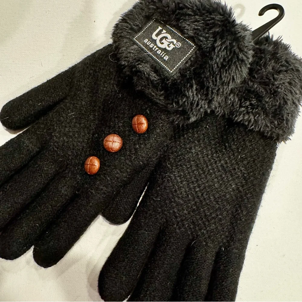 UGG Black Gloves with Faux FurTrim and Button Accents - Picture 4 of 4